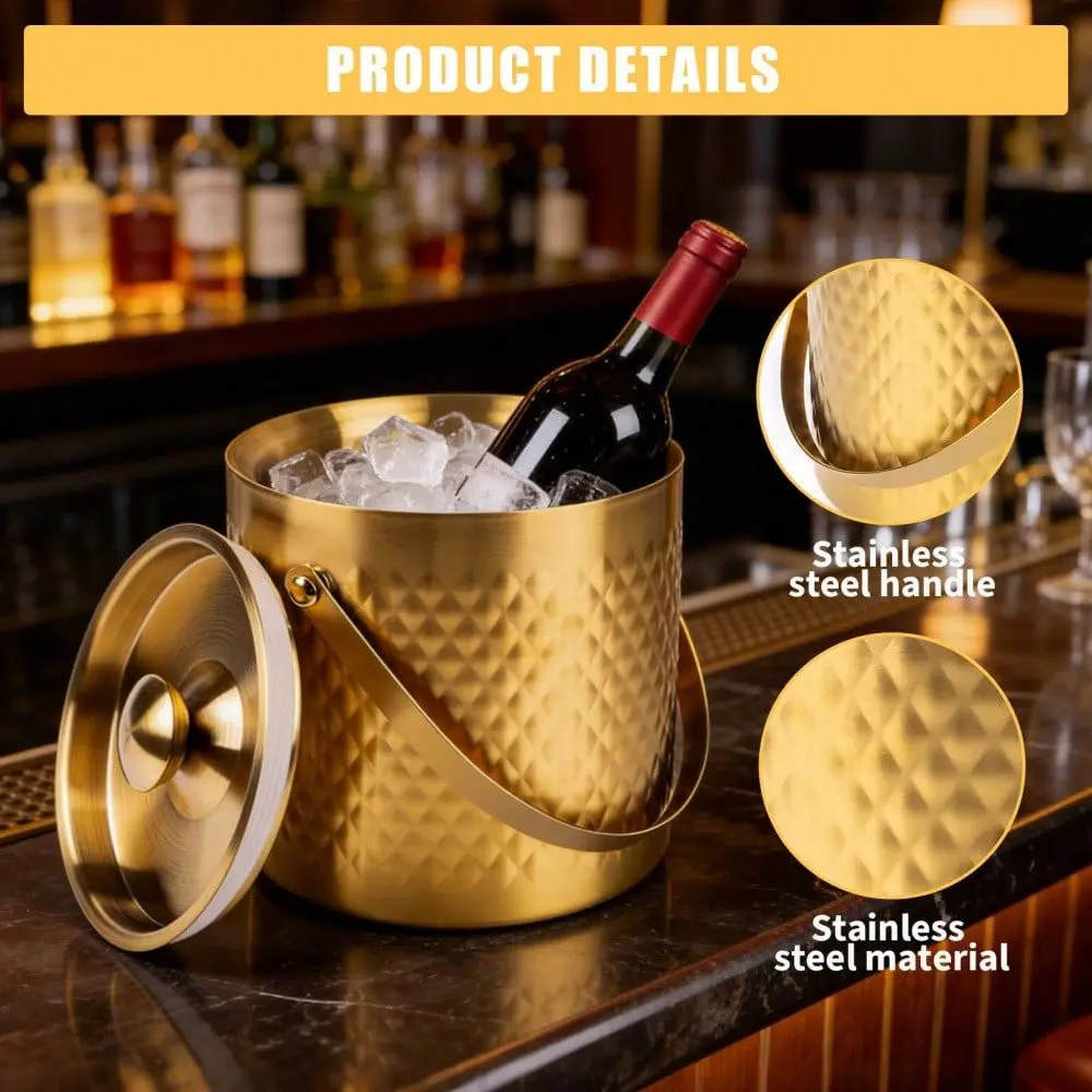 

3L Gold Ice Bucket With Lid Scoop, Double Wall Insulated Stainless Steel Ice Bucket For Bar Party, Champagne Ice Bucket, Metal