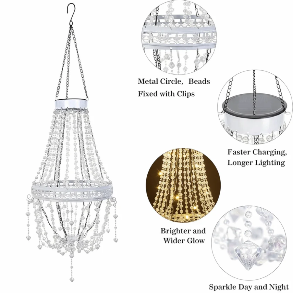 Waterproof Solar Hanging Lantern Modern Design Crystal Acrylic Outdoor Pendant Light Simulated Bead Accents Cool White