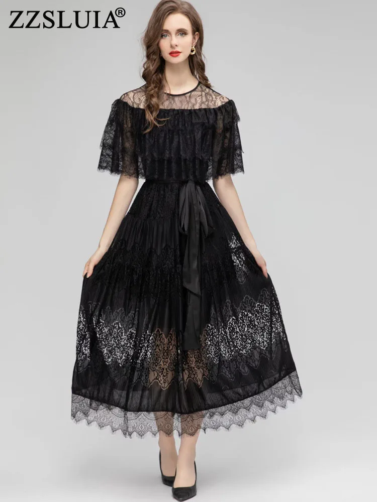 

ZZSLUIA Black Lace Dresses For Women Layer Ruffles Designer Slim Long Dress Fashion O Neck Vintage Dresses Female Clothing
