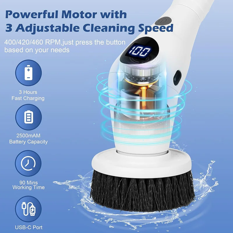 8 in1 Electric Cleaning Brush Extendable Electric Spin Scrubber Cordless Bathroom Shower Scrubber for Bathroom Kitchen Floor