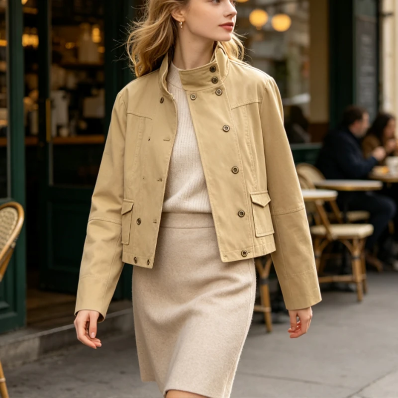 Women's cropped work jacket, stand collar, double row of metal buttons, long sleeves, khaki vintage casual jacket