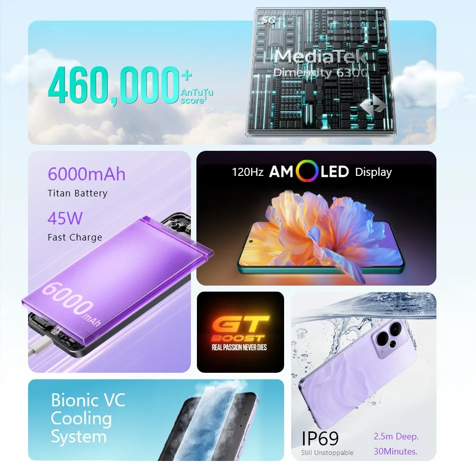 النسخة الروسية Realme 14T 5G NFC البعد 6300 ثماني النواة الهاتف المحمول بطارية 6000mAh 6.67 "120 هرتز شاشة AMOLED 45 واط شحن سريع