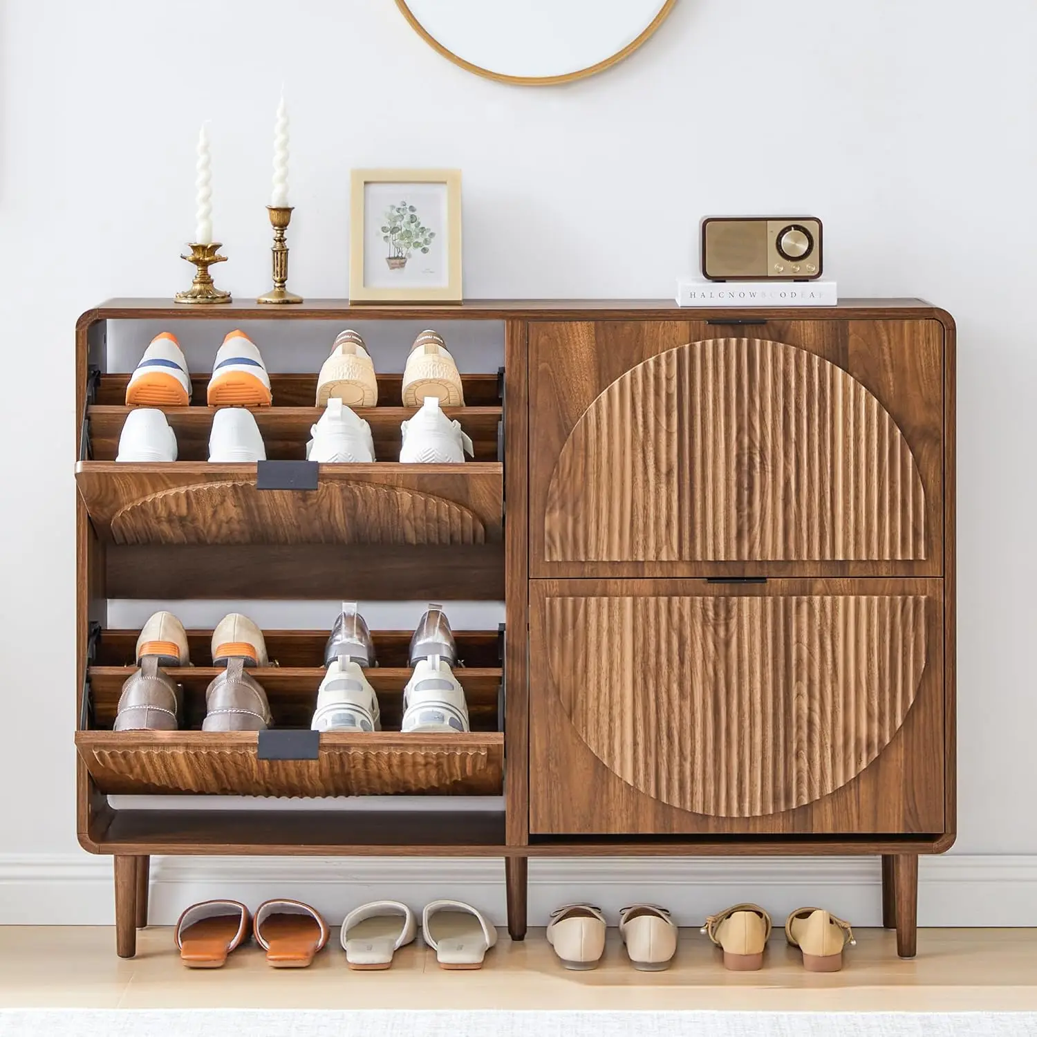 

Shoe Storage Cabinet For Entryway, Narrow Shoe Organizer Cabinet, 4 Flip-Down Drawers, Round Fluted Panel, Hidden, Customized