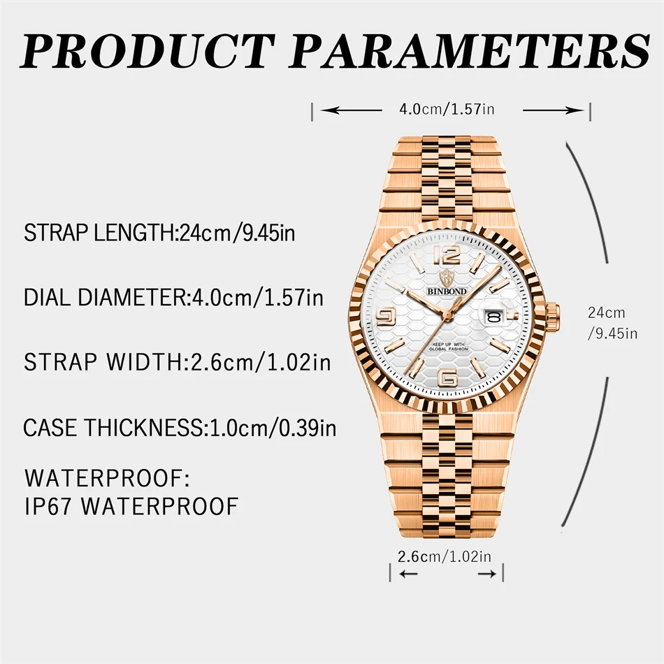 BINBOIND Orologio da polso casual alla moda per uomo Settimana Data Orologio da uomo in acciaio inossidabile Orologio da uomo al quarzo di lusso impermeabile luminoso + scatola