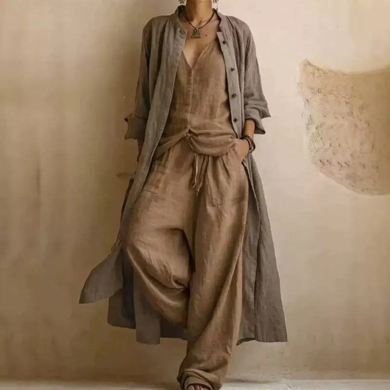 Vintage Print 3-Piece Set Women Casual Long Sleeve Long Cardigan Coat + V-Neck Top+ Wide-leg Trousers Loose Long Pants Sets 2026 view 4