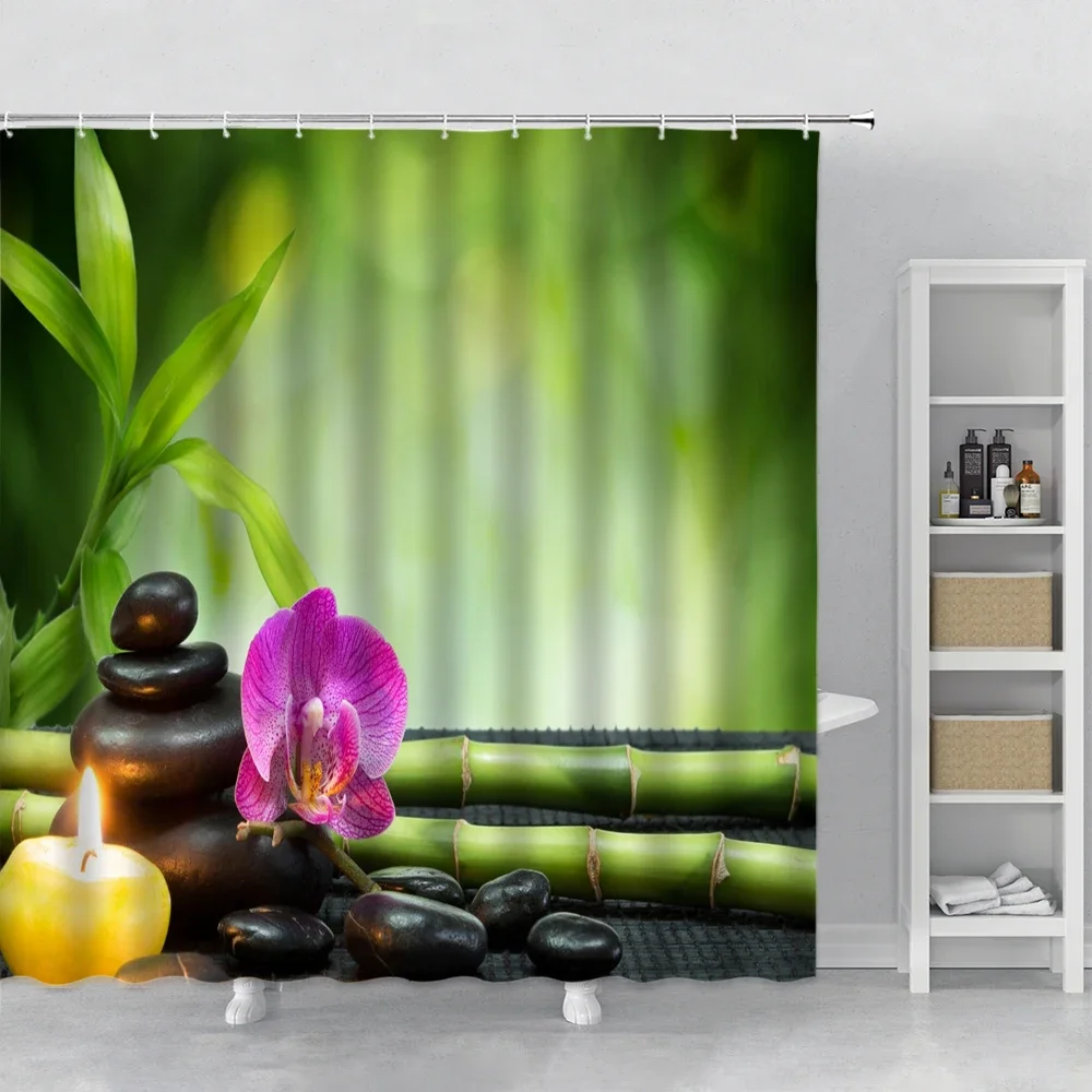 Zen Garden Shower Curtain Spa Green Bamboo Black Stone White Flower Bathroom Decor Supplies Bath Curtains Sets Polyester Fabric