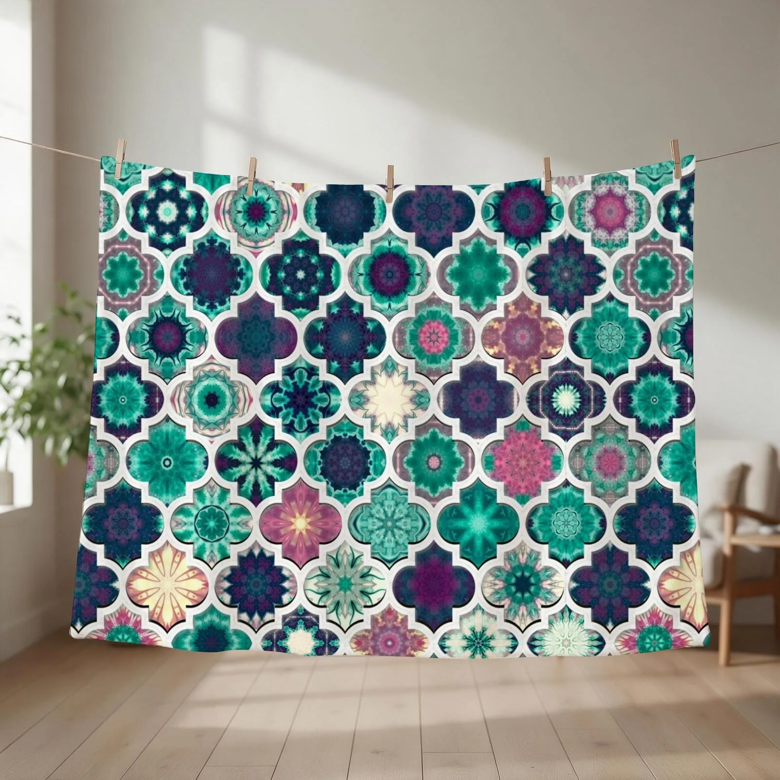 Moroccan Tile Pattern Teal Throw Blanket couch cozy soft plush fuzzy picnic outdoor blanket