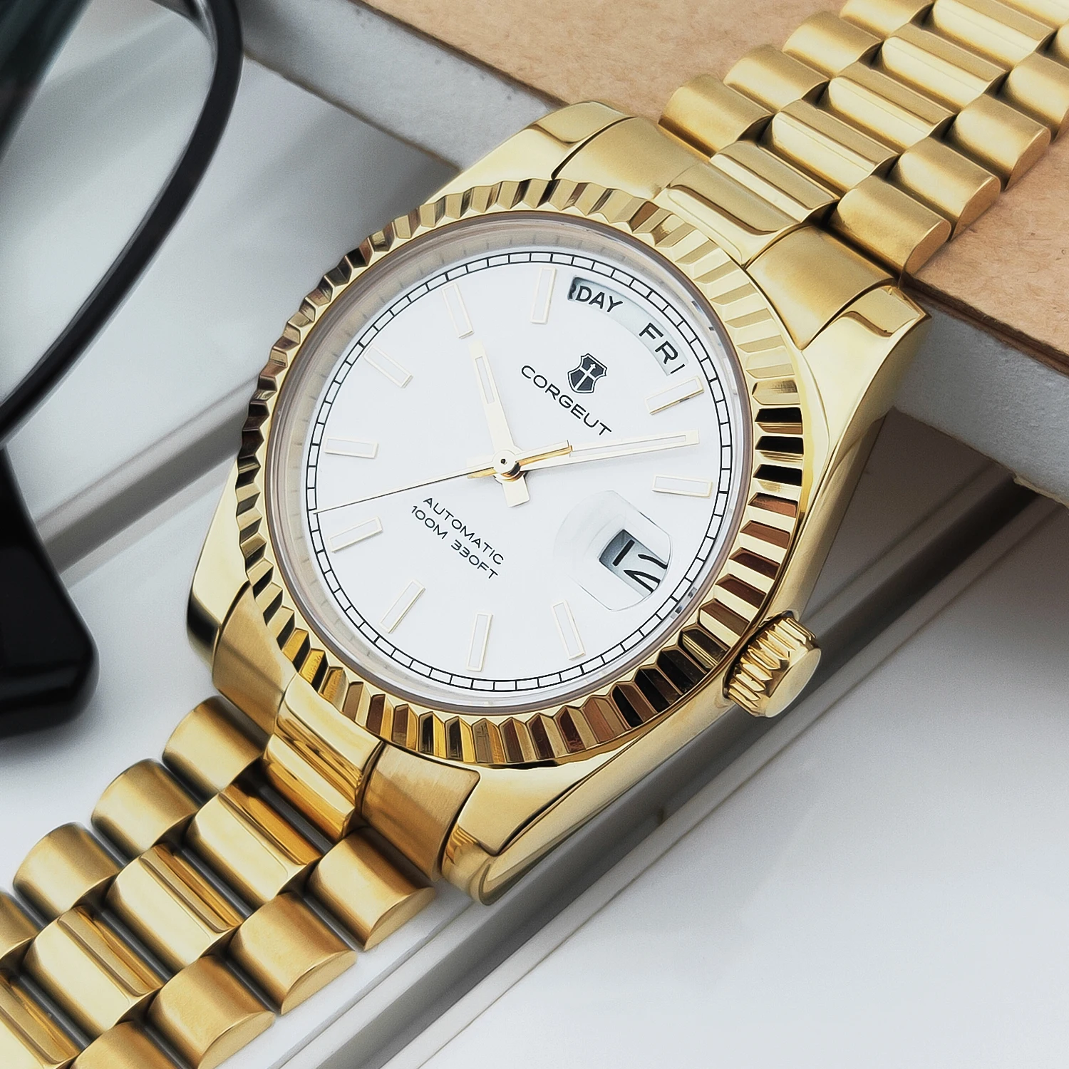 Corgeut 39mm Męski Zegarek Automatyczny Złoty Relogio Masculino nh36 Mechaniczny Szafirowy Biało-Różowa Tarcza Stalowa Bransoleta Zegarek Męski