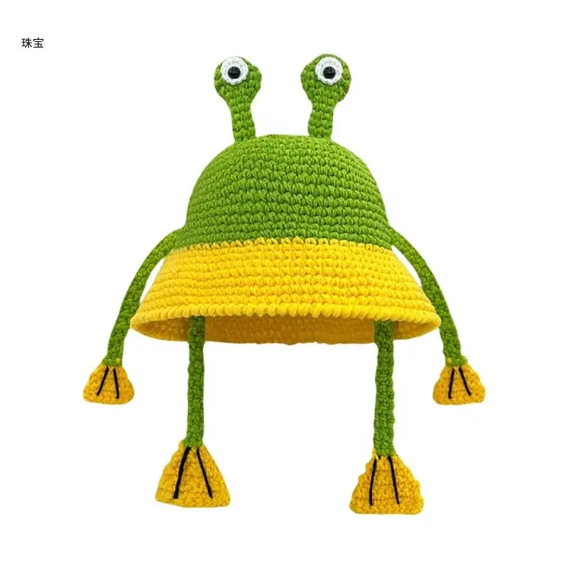 

X5QE 1x Handmade Fisherman Hat Handwoven Frogs Crocheted Hat with Feet Cartoon Animal