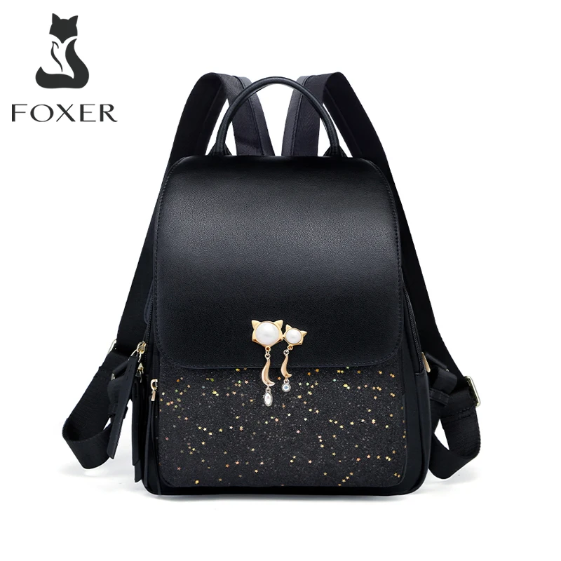 FOXER Cowhide Split Leather Women Backpack Bag Magnetic Flip Cover Adjustable Shoulder Straps Multi Pocket Casual Travel Daypack