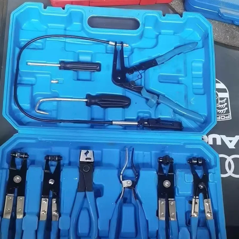 9Pcs Car Trim Removal Tool Set Long Reach Hose Clamp Pliers Fuel Oil Water Line Auto Repair Kit with Storage Box