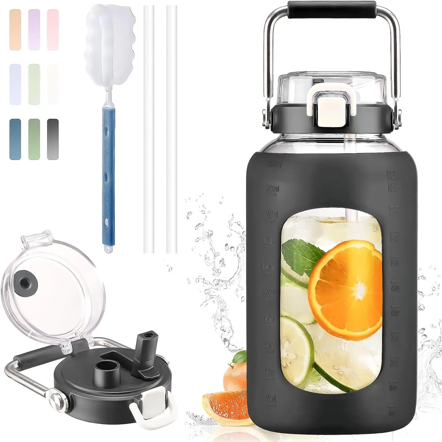 

84oz Glass Water Bottle with Stainless Steel Handle, 2.5L BPA-Free, Time Markers & Silicone Sleeve, Black