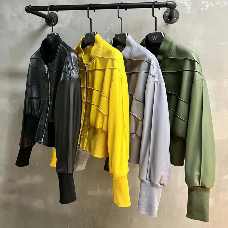 Women Coat Spring 2023 New Arrival Genuine Soft Leather Jacket Drop-Shoulder Sleeve Spliced Textile Fabric Casual Style