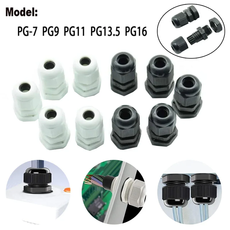 

10pcs IP68PG7 PG9 PG11 PG13.5 PG16 for 3-6.5mm-14mm Wire Cable CE White Black Waterproof Nylon Plastic Cable Gland Connector