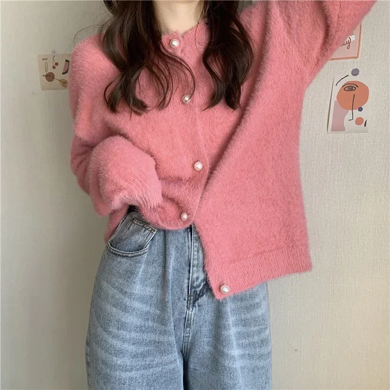 Korean Simple O-neck Single-breasted Imitation Mink Velvet Knitted Sweater  Casual Loose Y2k Cardigan Women Clothes