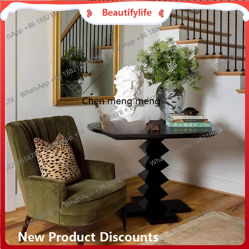 

French dining table, black solid wood round household American log carved small apartment round table H