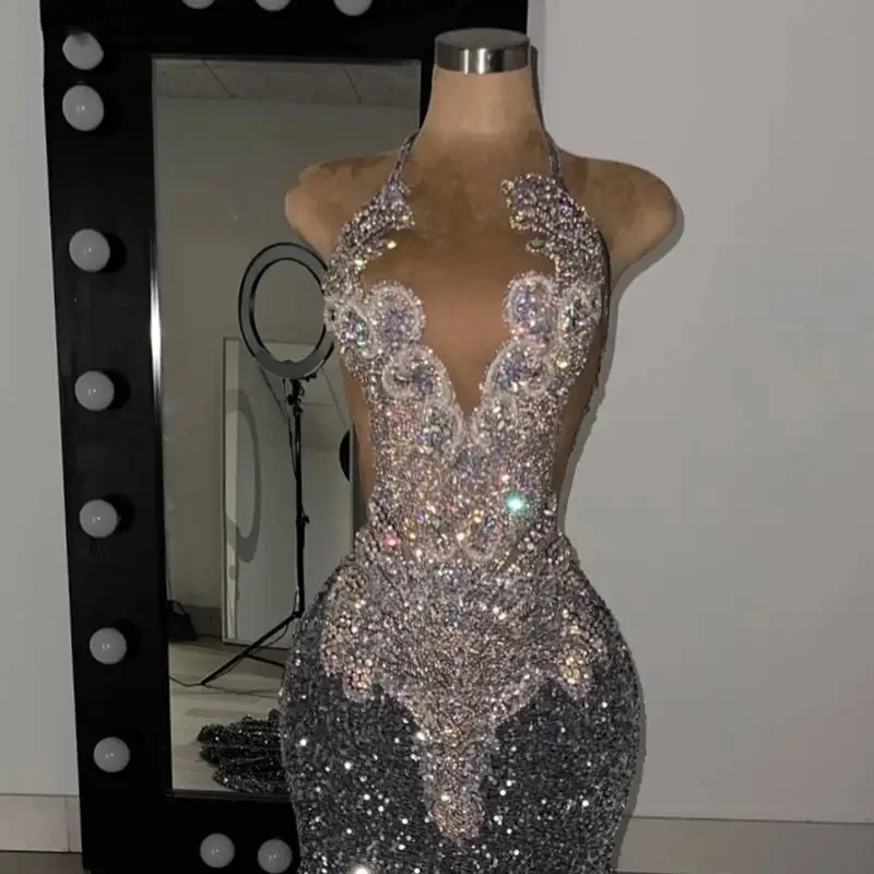 Sparkly Sequin Rhinestones Grey Prom Dresses Black Girls 2024 Luxury Bead Mermaid Evening Party Gala Gown Graduation Customized