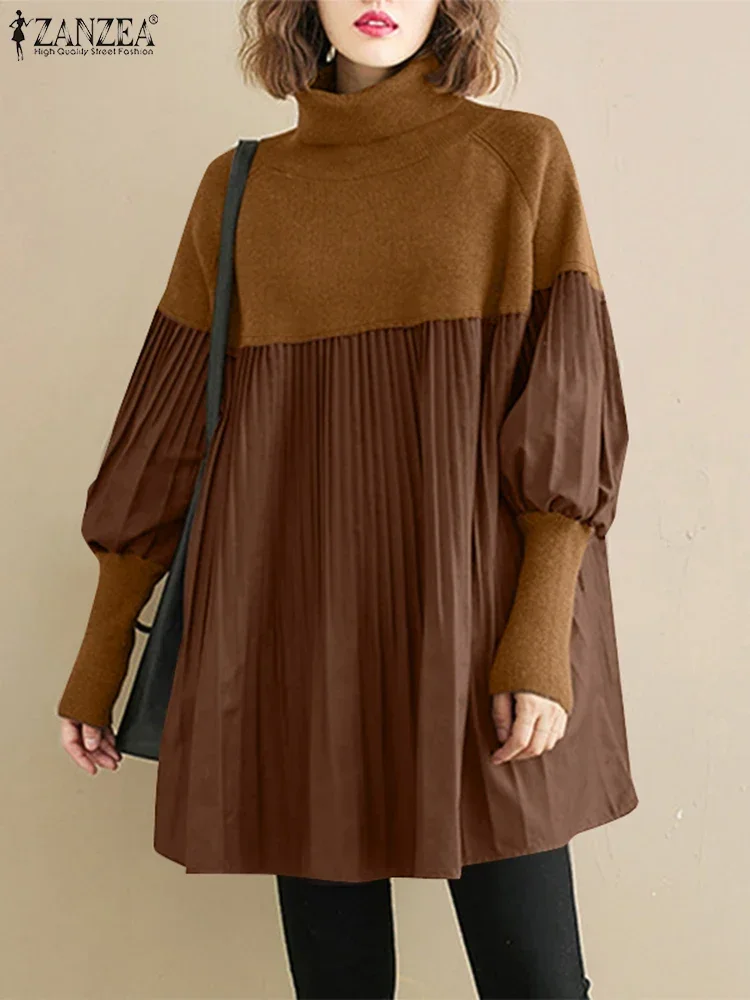 

ZANZEA 2025 модные женские туники в стиле ретро, пуловер с воротником-стойкой, праздничная весенняя рубашка с длинными пышными рукавами, плиссированные блузки с цветными блоками
