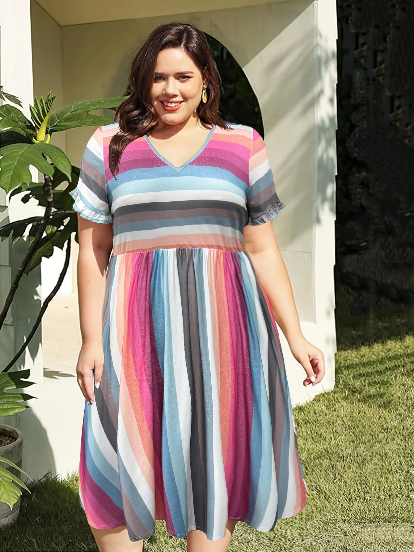 Plus size spring/summer elegance rainbow striped wooden ear sleeved V-neck dress soft  comfortable knitted fabric holiday dress