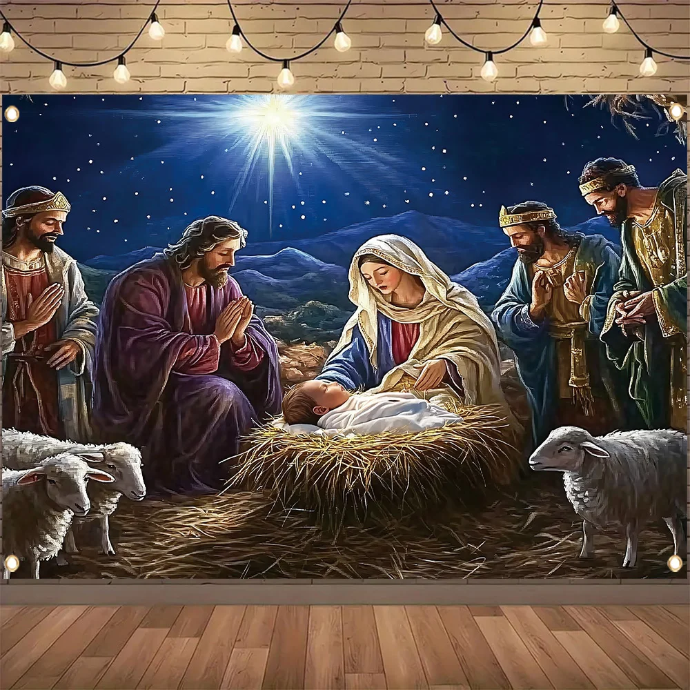

1 piece, "Merry Christmas" decorative banner, polyester pendant, Jesus manger birth scene pattern, party home decoration