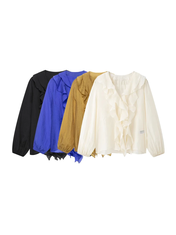 

TRZA Women Fashion With Ruffled Button-up Shirts V Neck Puff Sleeve Blouses Chic Tops