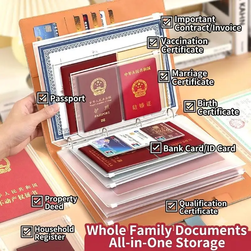 PU Leather Document Storage Organizer Multiple Clear Pockets Large Capacity For Storing Passports Certificates ID Cards At Home