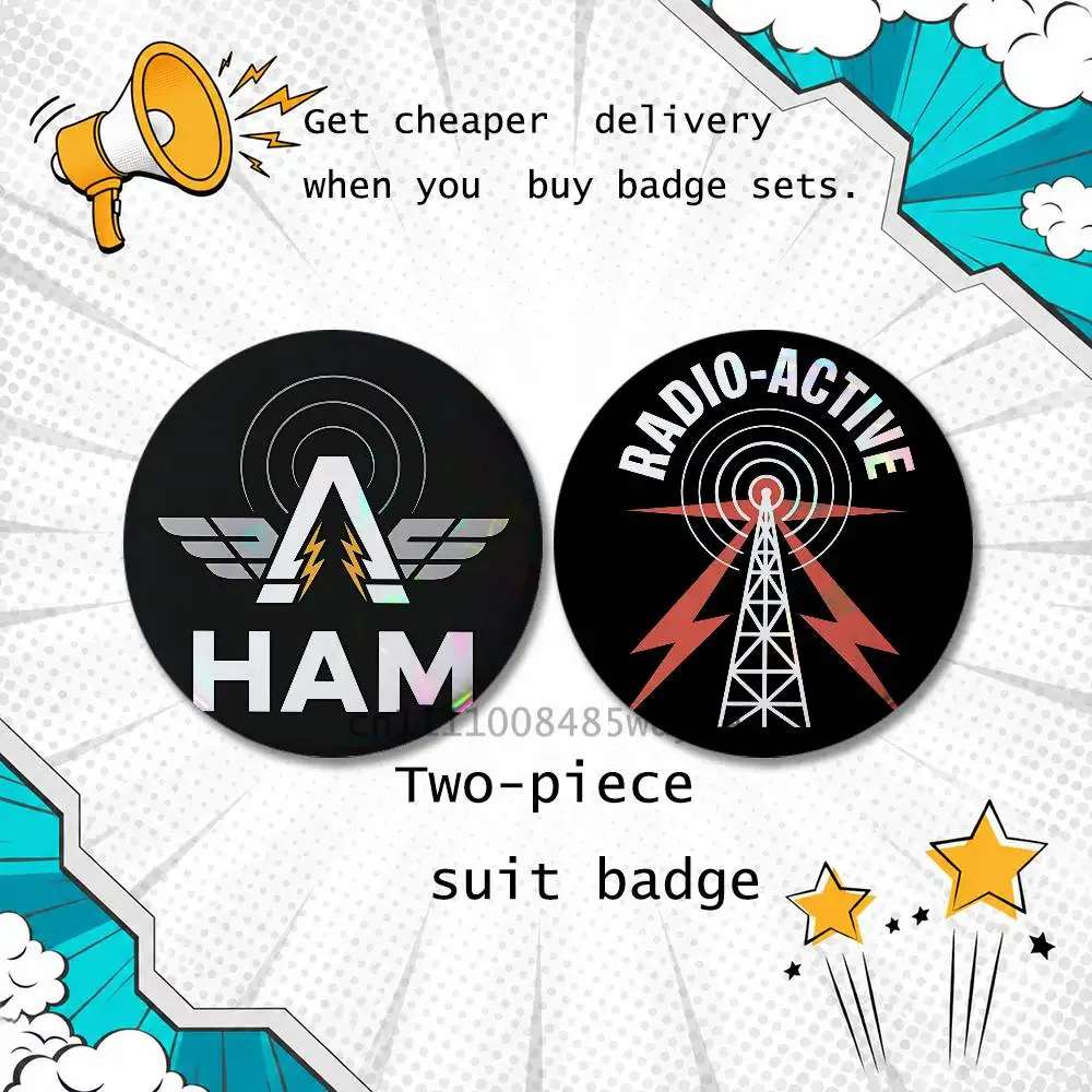 Brooches for Backpack Accessories 25,32,44,58,75mm Round Enamel Pins 2-piece set Cartoon Anime Amateur Radio Badge Vintage view 4