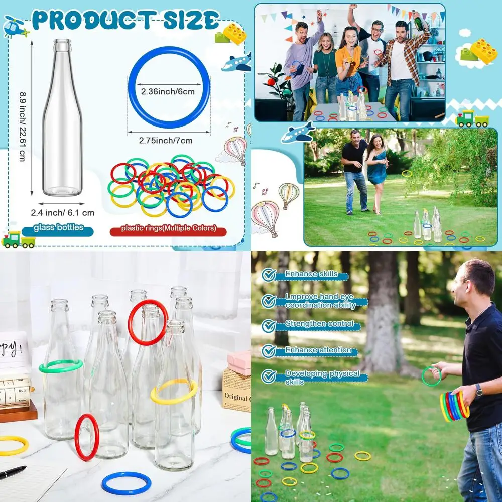 

Ring Toss Outdoor Carnival Backyard Adults Fun Target Glass Bottles with Mixed Color Rings Hoops for Family Outside Sport Party
