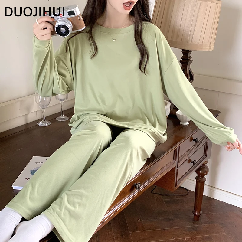 DUOJIHUI Winter New Solid Color Loose Female Pajamas Set Classic 8-colors O-neck Basic Simple Casual Fashion Pajamas for Women