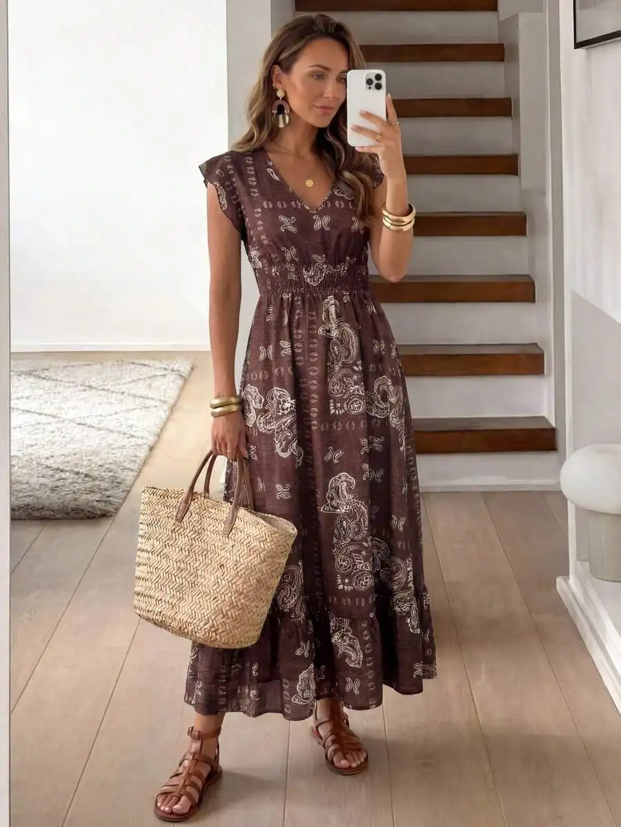 Vestido de Verano para Mujer, Blanco y Marrón, Estilo Boho, para Vacaciones en la Playa, Estampado Floral Vintage, con Volantes, Cintura Ajustada, Corte en A
