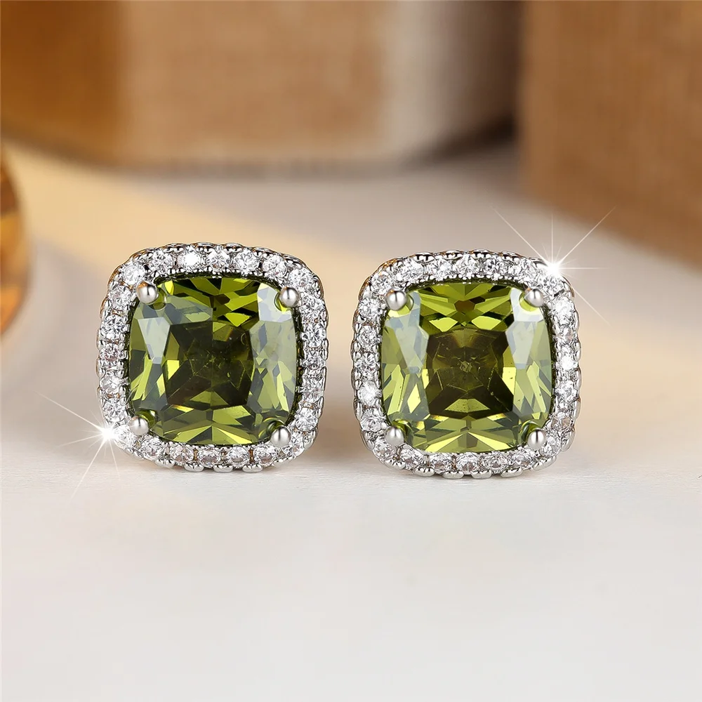 Cute Female Olive Green Zircon Stone Stud Earrings Vintage Silver Color Wedding Party Gift Jewelry For Women