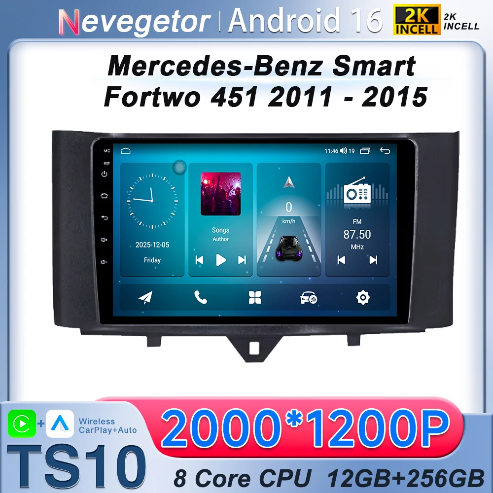 for Mercedes-Benz SMART ForTwo Cabrio/Coupe 451 Large Screen 10-15 Models Android 16 Car Radio with MIC 9 Inch Wireless CarPlay