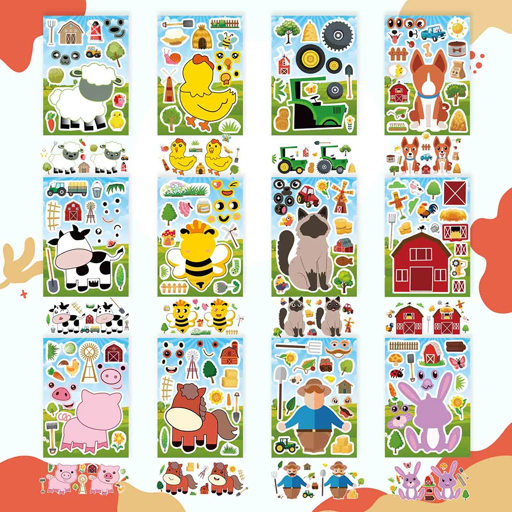 6/12Sheets Children Make a Face DIY Animals Puzzle Stickers Create your own Cat Pig Cow Kids Assemble Jigsaw Toys Reward Decals