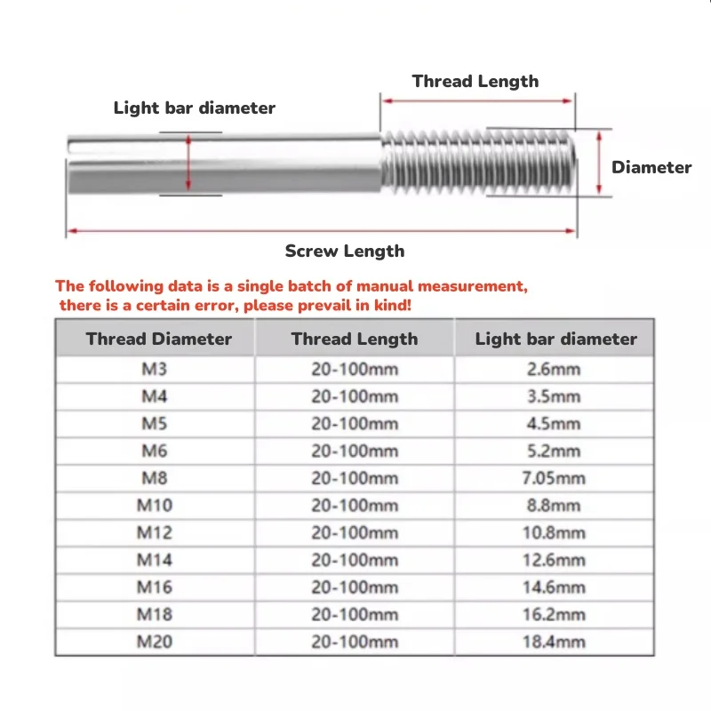 M3 M4 M5 M6 304 Stainless Steel Single Head Bolts Stud Extension Rod Half Thread Single Head Threaded Rods