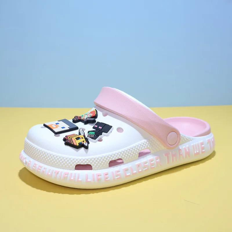 New Fashion Kids Minecraft Clogs White with Pink Strap Pixel Game Charms Non-Slip Beach Garden Casual Shoes for Girls