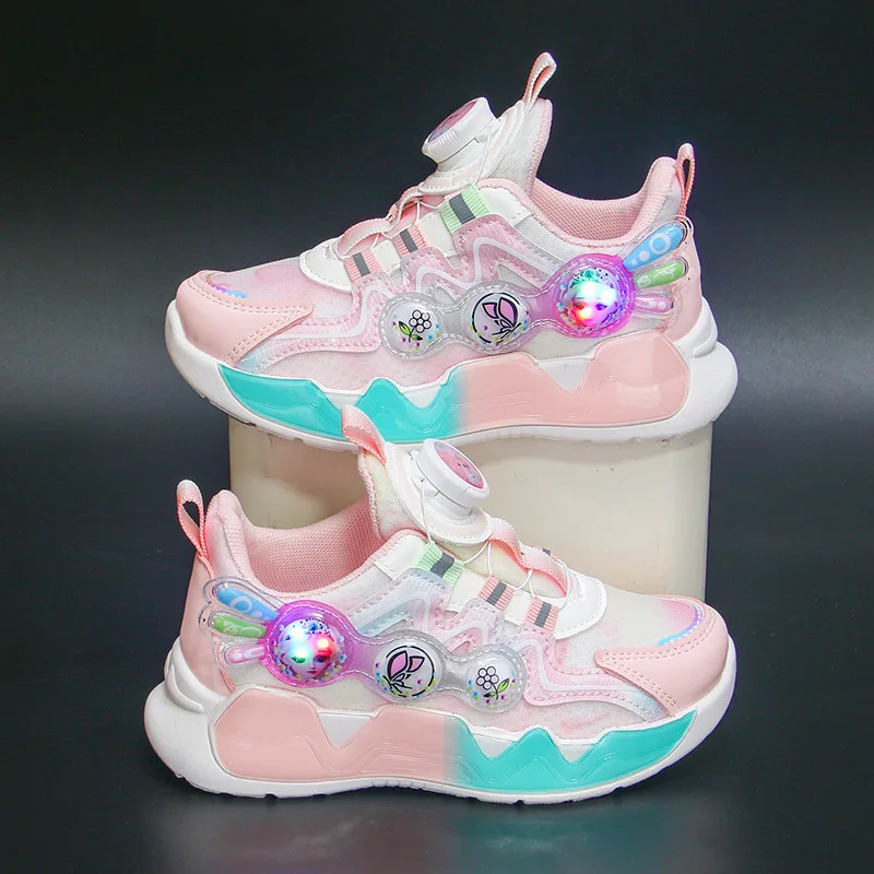 

Детская повседневная обувь, кроссовки со светодиодной подсветкой и мультяшной сеткой для девочек, противоскользящие дышащие розовые туфли без шнуровки, размер 26-36