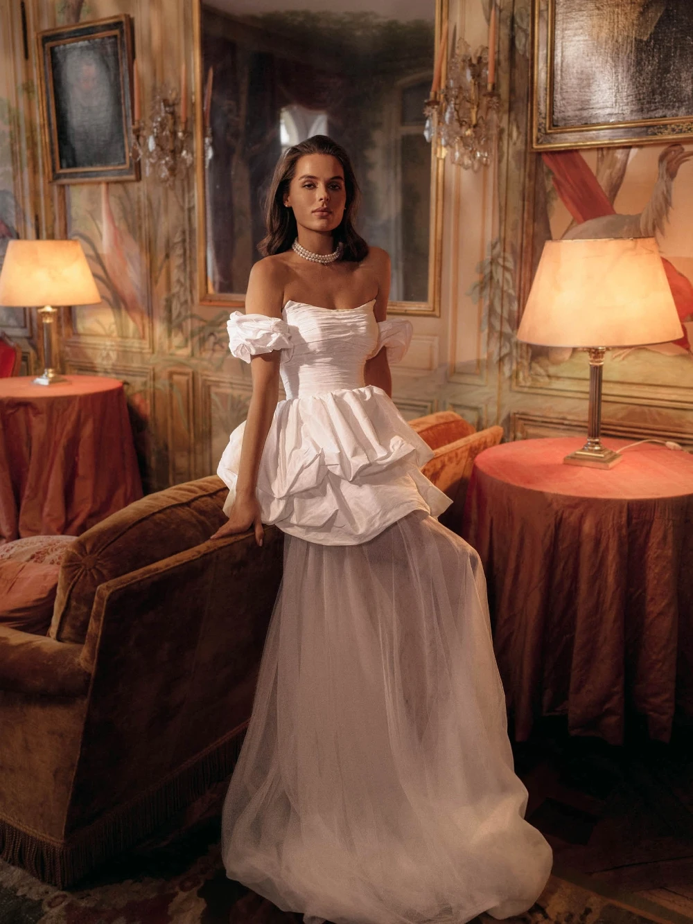 Layered Peplum Romantic A Line Tulle Skirt Stylish Off-the-shoulder Wedding Dress For Women Customized Chic Bridal Gown