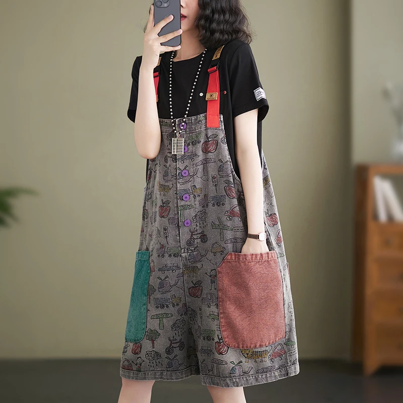 ファイオナブルプリントデニムオーバーオール レディース 夏 プラスサイズ トレンド 年齢を感じさせない 五分丈ワイドレッグパンツ