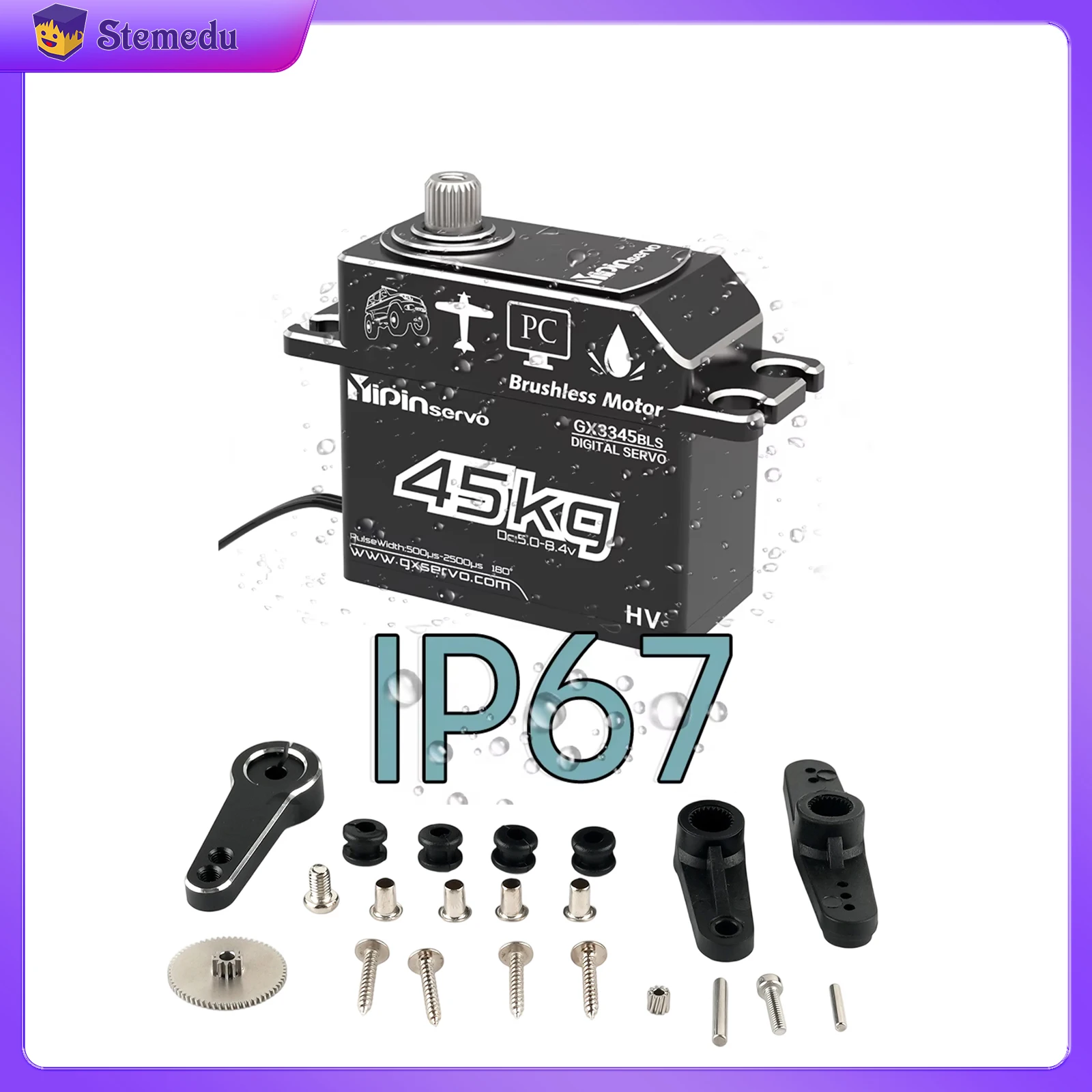 Serwo bezszczotkowe o dużym momencie obrotowym 45KG, wysoka prędkość, pełna obudowa z aluminium CNC, metalowe osłony przekładni, wodoodporne, do samochodów RC, ciężarówek, crawlerów, łodzi.