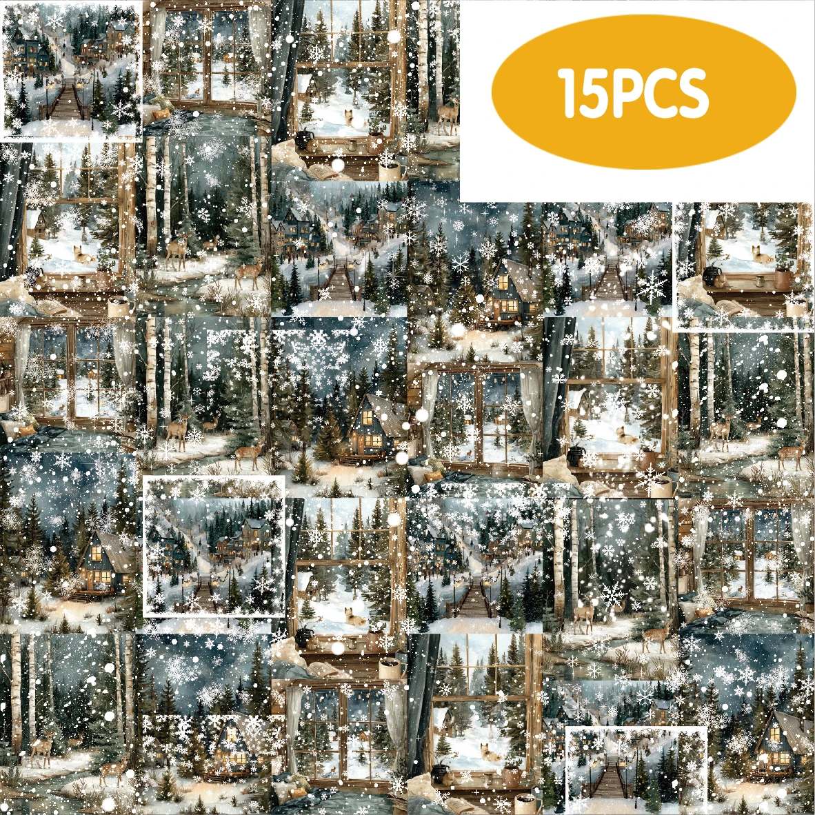 Etori Life Silent Snowfall 15Pcs Warm House Snowy Night Collage Stickers for a Relaxing and Healing Feel, Suitable for Decorating Notebooks, Phone Stickers, Luggage, Room Decor, DIY Journals, Scrapbooking Supplies, Card Making, School Supplies, Children's Stationery Stickers, Back-To-School Season
