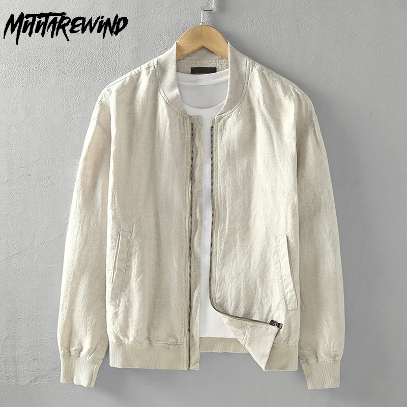 Chaqueta de lino con cuello de béisbol para hombre, abrigo holgado de estilo Retro japonés, sólido y fino, con cremallera, prendas de vestir sencillas para jóvenes, 100%