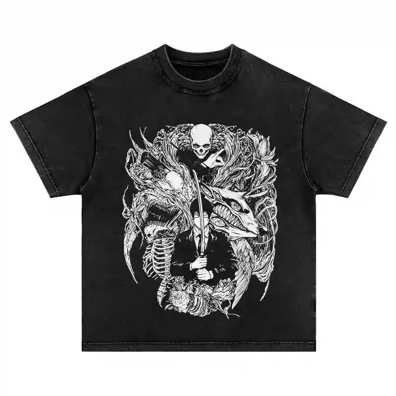 

Chainsaw Man Anime Washed T Shirt Character Print Tee Men Women Retro Casual Cotton Short Sleeve Streetwear Top