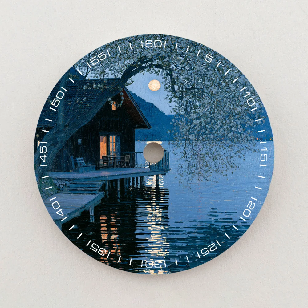 28.5mm NH35 Dial Lakeside Cabin Night Scene Dial Green Luminous Dial Color NH36 Dial Watch Accessories Fits NH35/NH36 Movements