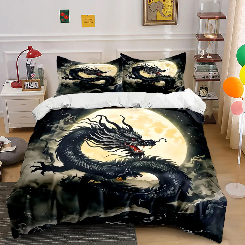 Black dragon coiled under moonlit mist Print Soft Comfortable Duvet Cover Bedding Set Included 1*Duvet Cover 2*Pillowcases