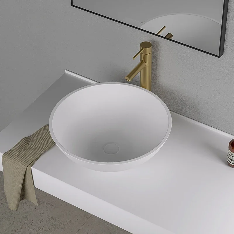 Matte white countertop basin, circular thin edged artificial stone washbasin, bathroom art washbasin