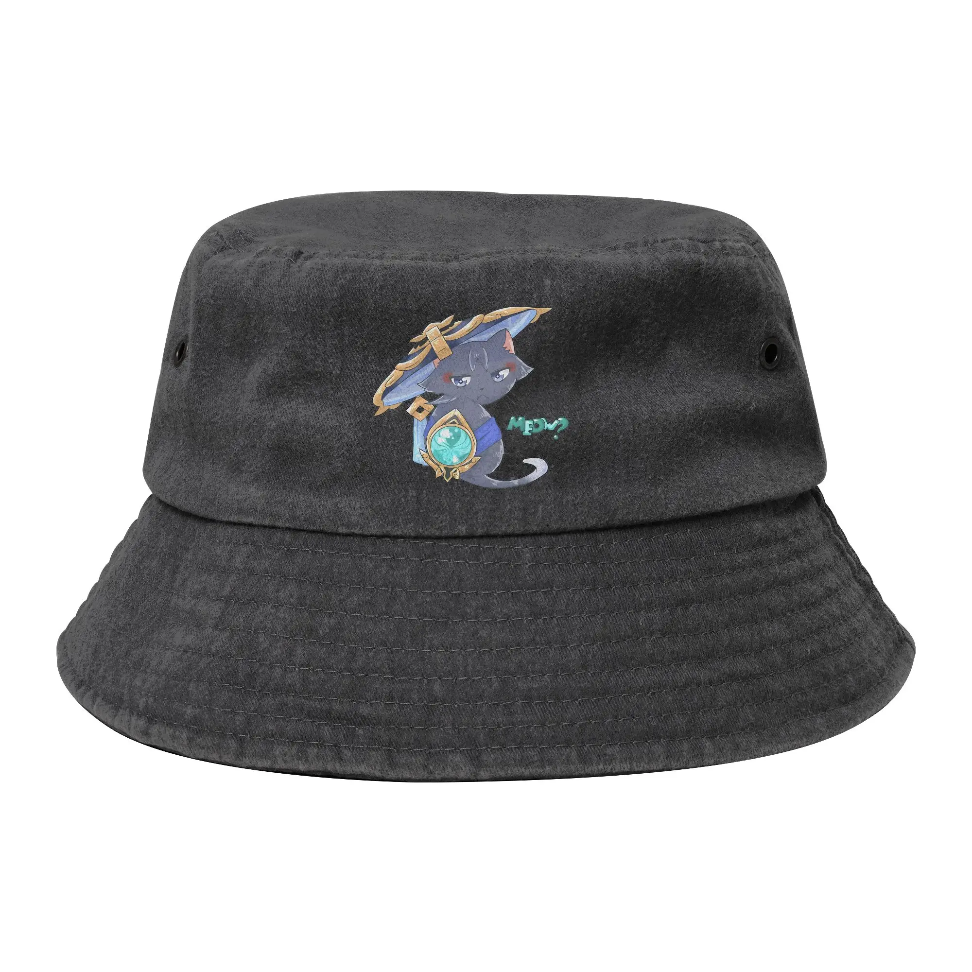 Meow Wanderer cat Bucket Hat for Women Men Genshin Impact Distressed Denim Sun Hats UV Protection for Vacation Fishing Hats