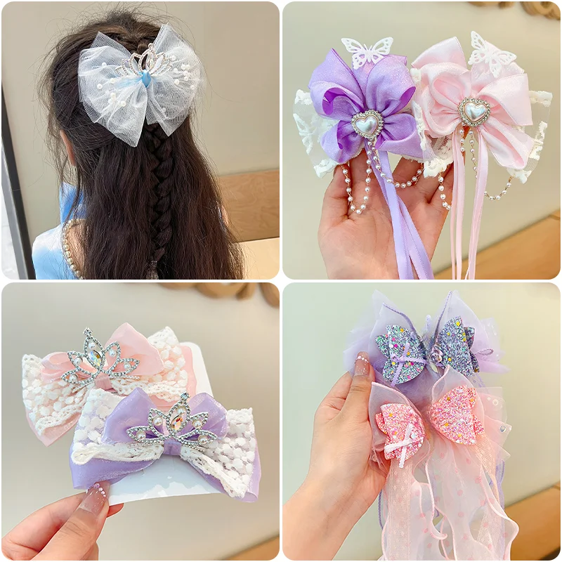 Girls Cute Princess Crown Bowknot Ornament Pearl Diamond Hair Clips Children Gauze Sequin Ribbon Hairpins Kids Hair Accessories