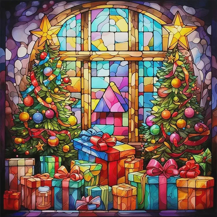 Diamond Painting Stained Glass Christmas Tree Gift Boxes Window Christmas Holiday Scene DIY Home Wall Decor