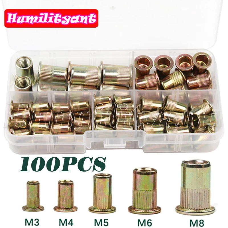 

100Pcs M3-M12 Rivet Nuts Multi Flat Head Metric Thread Blind Riveting Nut Insert Nutsert Screw Kit