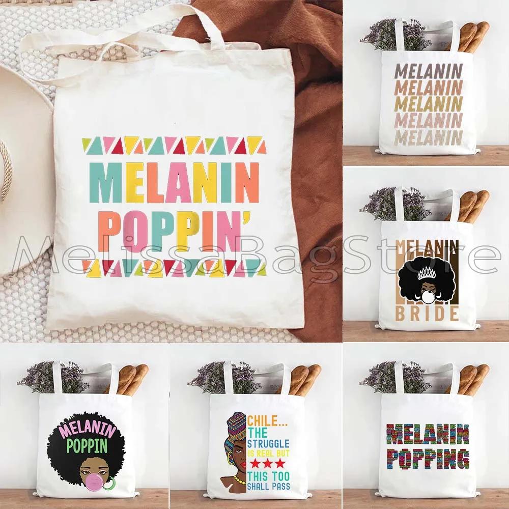 Melanin Poppin Afro Queen Magic Black History Month Woman Sista African American Canvas Shoulder Tote Bag Cotton Shopper Handbag